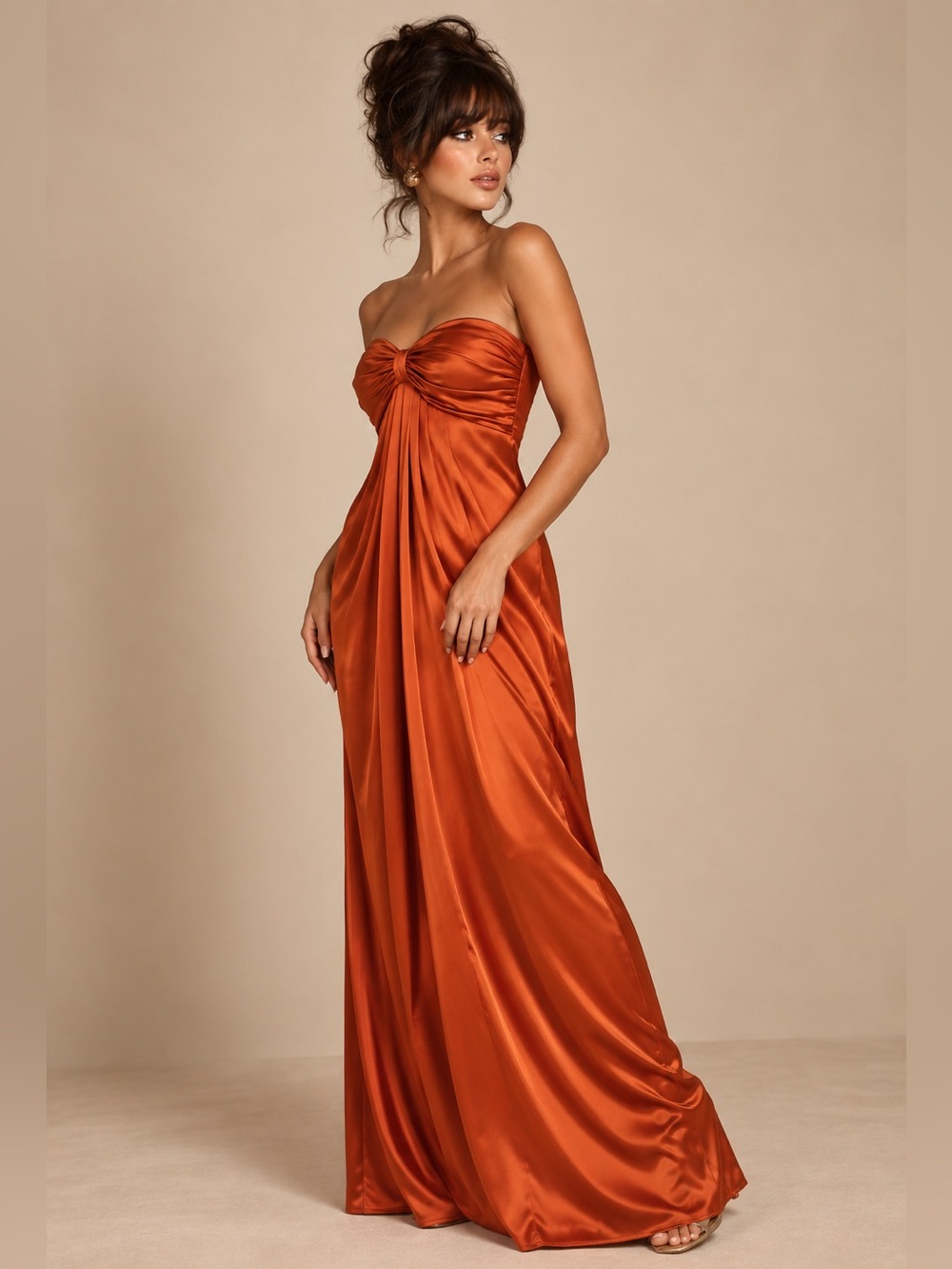 NWT-Memorable Entrance Rust Orange Strapless Satin Maxi Dress